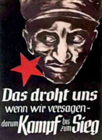 Nazi-propagandaposter tegen het goddeloze bolsjevisme